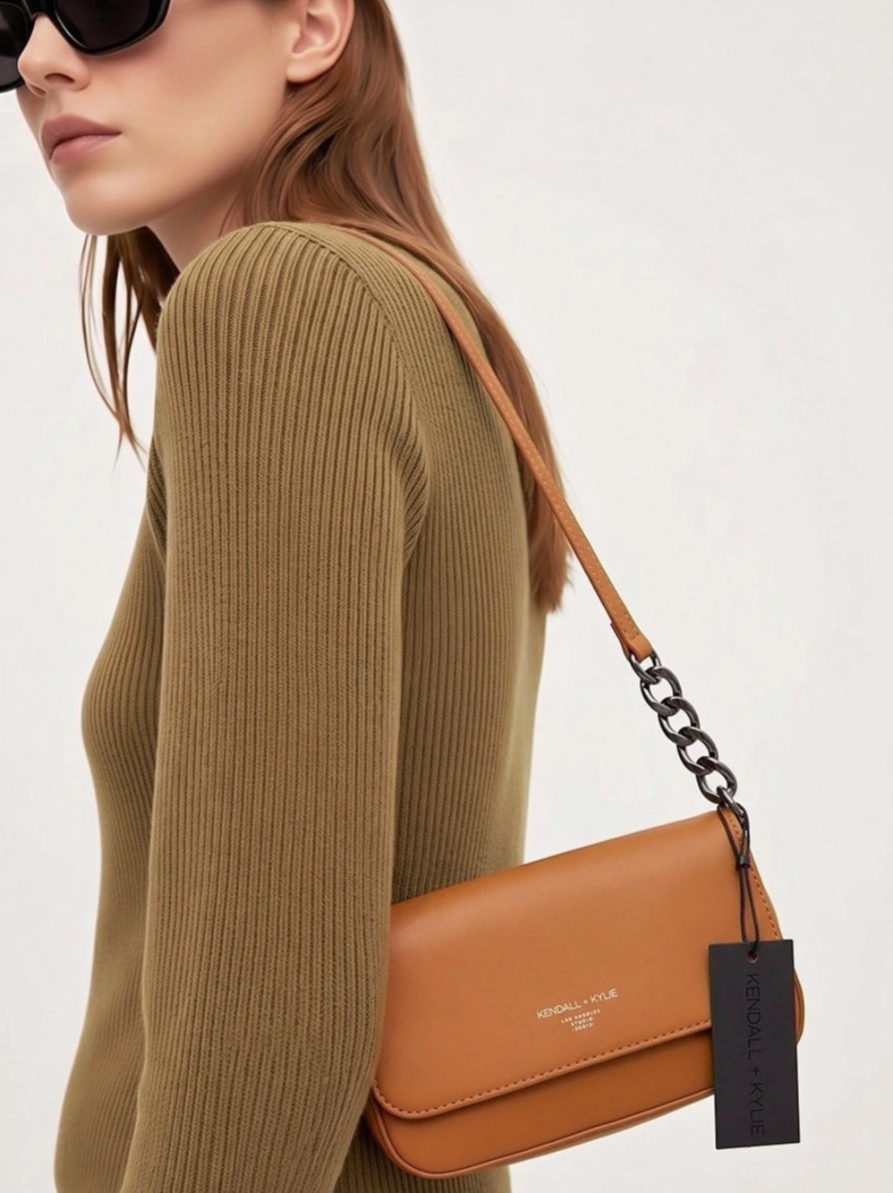 KENDALL + KYLIE Brown Solid Rectangle Shoulder Bag Partial Chain Strap